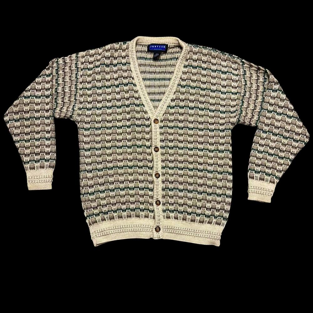 Vintage 90s Jantzen Cardigan Beige Teal Grandpa Grunge Geometric Print Sz M